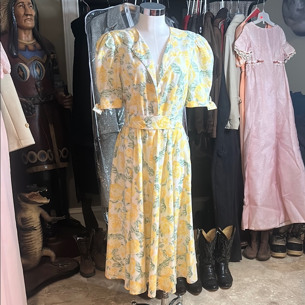 Vintage Country Romance Sz 14 Floral Yellow Prairie Dress GVC